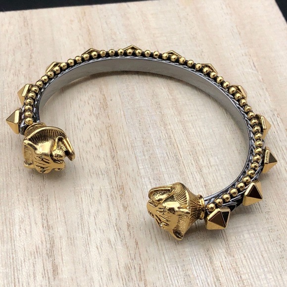 Stella & Dot Bracelet Artemis Double Lion Head Gunmetal Gold Tone Stud Cuff Rare - Picture 3 of 9